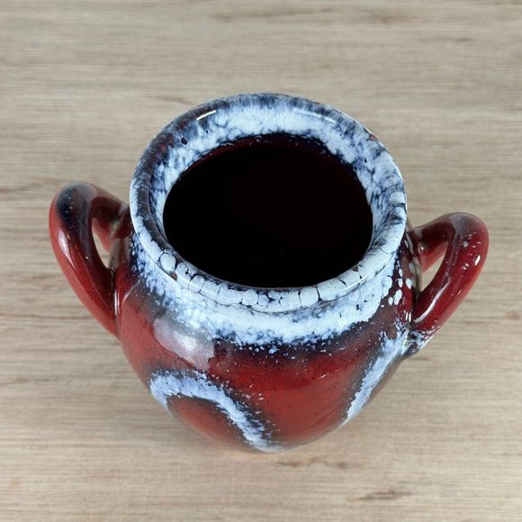 Studio Art Pottery Vase Two Handles Red Navy White Drip Glaze Splatter Squiggly - Picture 3 of 14